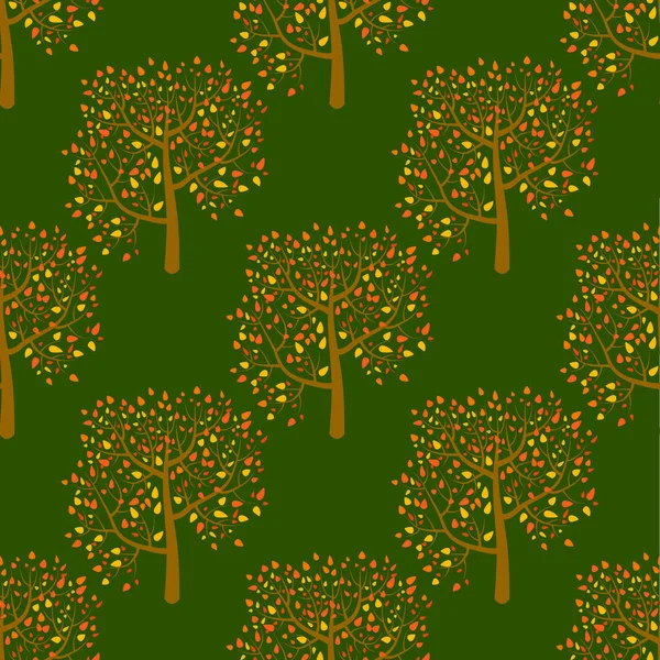 Мультфильм Осенний Лес Зеленом Фоне Деревянный Бесшовный Рисунок Деревьями Векторная — стоковый вектор