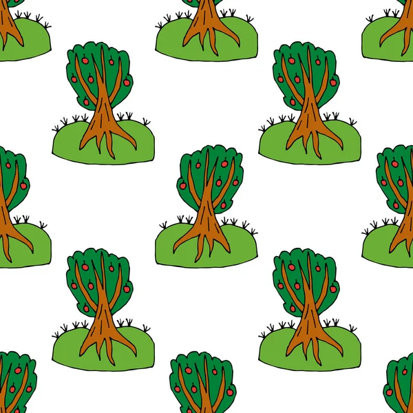 Çizgi film karalaması, elma ağacının dikişsiz deseni. Sonsuz meyve bahçesi geçmişi. Vektör illüstrasyonu.  