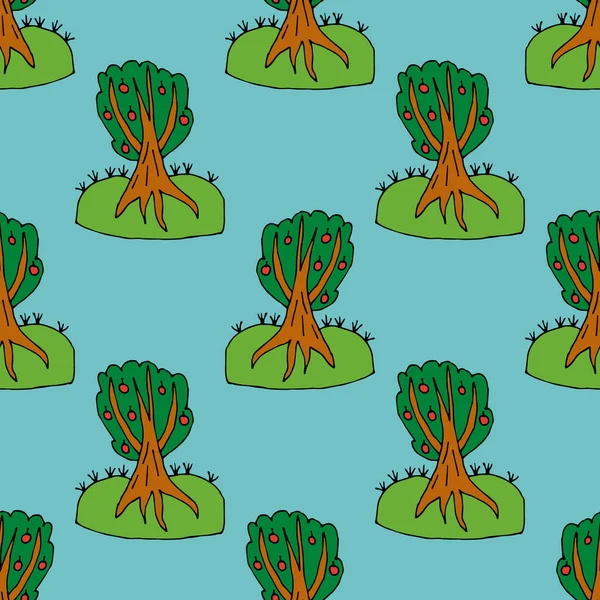 Çizgi film karalaması, elma ağacının dikişsiz deseni. Sonsuz meyve bahçesi geçmişi. Vektör illüstrasyonu.  