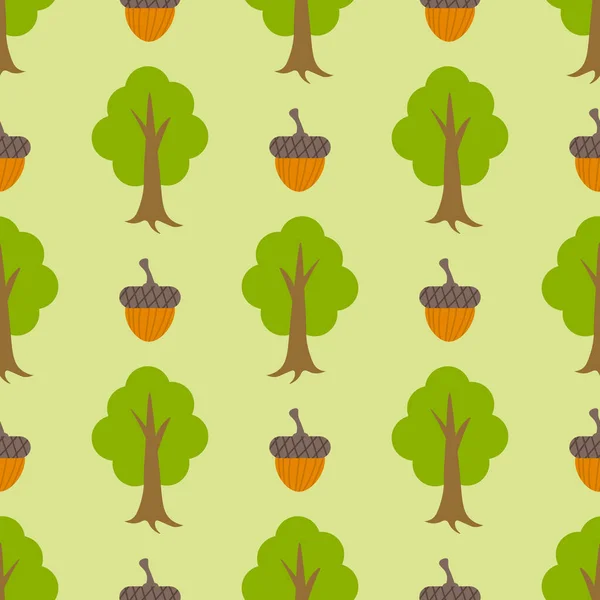 Niedliche Cartoon Eicheln Und Bäume Flachen Stil Nahtlose Muster Woodland — Stockvektor