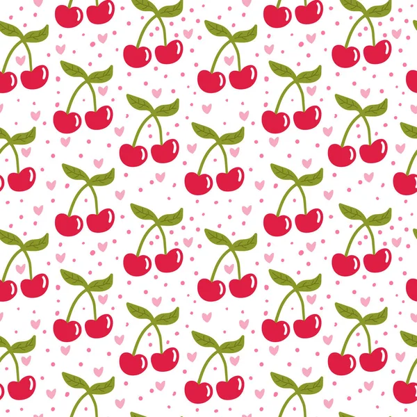 Cartoon Cherry Bezešvé Vzor Srdcem Tečkami Ovocné Pozadí Balící Papír — Stockový vektor