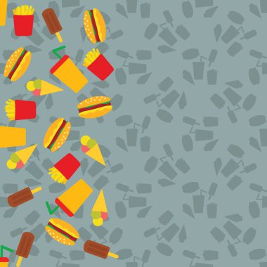 Fast food 'lu vektör kartı: çizburger, patates kızartması, dondurma, soda. Fast food geçmişi. Metin için boş alanı olan broşür. 