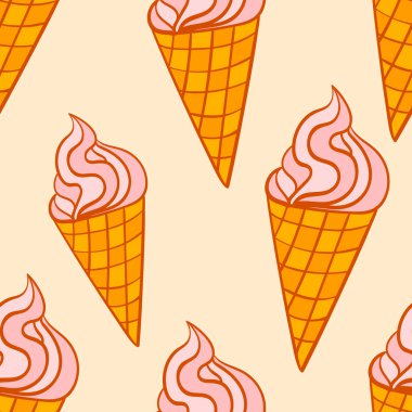 Waffle külahında çilekli dondurma ile el çizimi renksiz desen. Vektör illüstrasyonu.