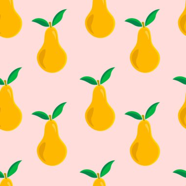 Renkli, pürüzsüz desenli, yapraklı sarı armut. Tatlı meyve arka planı. Vektör illüstrasyonu.