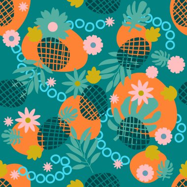 Ananas, palmiye yaprağı, çiçek, leke, daire şeklinde şirin tropikal deseni var. Soyut renkli arka plan, egzotik meyveler, palmiye yaprakları. Yeşil, turuncu, mavi, pembe. Vektör illüstrasyonu.