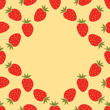 Çizgi film kırmızı çilekli kusursuz desenli çerçeve. Meyve arkaplanı.