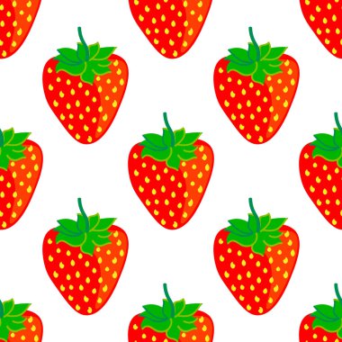 Beyazın üzerinde dikişsiz çilek deseni. Meyve yaz geçmişi. Vektör illüstrasyonu.