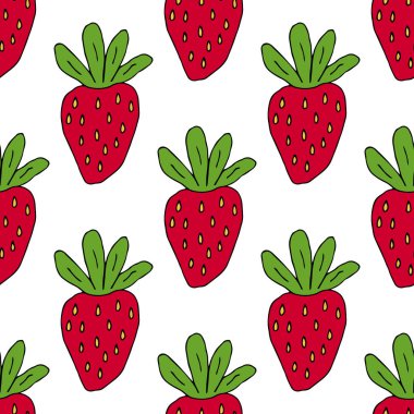 Çizgi film, çilekli, dikişsiz desen. Yaz meyvesi arka planı. Sonsuz çilek kartı. Vektör illüstrasyonu. 