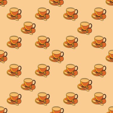 Kusursuz çay kalıbı. Çay kaşığı ve şeker dilimli çay tabağı üzerinde bir fincan çay. Hoş bir arkaplan.