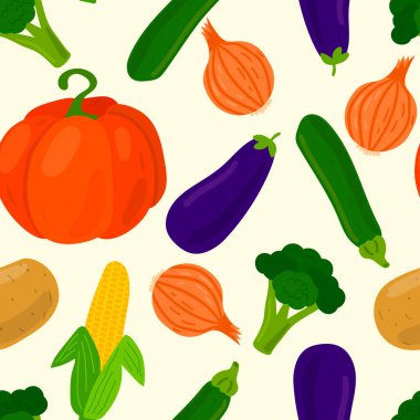 Sebzeler dikişsiz desen. Balkabağı ve soğan, patates ve mısır, brokoli ve kabak, patlıcan. Vektör illüstrasyonu.