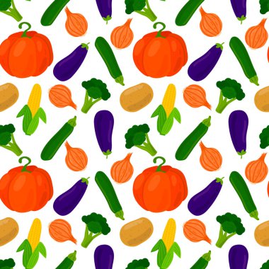 Sebzeler dikişsiz desen. Balkabağı ve soğan, patates ve mısır, brokoli ve kabak, patlıcan. Vektör illüstrasyonu.