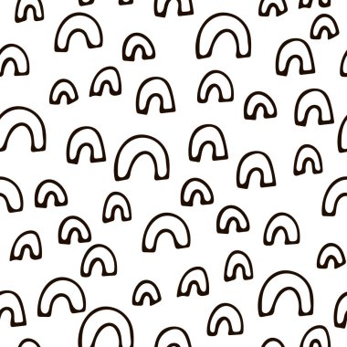 El çizimi soyut, pürüzsüz, siyah çizgisel sevimli kemerli desen. Memphis tarzında komik bir geçmişi var. Ambalaj kağıdı, tekstil, kumaş, ağ, kart için arka plan. Vektör illüstrasyonu.