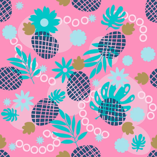 Şirin ananas ve tropikal yapraklar pürüzsüz. Rengarenk yaz meyveleri gelişigüzel arka plan. Mavi, turkuaz, pembe. Benekli, soyut, pürüzsüz desen. Vektör illüstrasyonu.