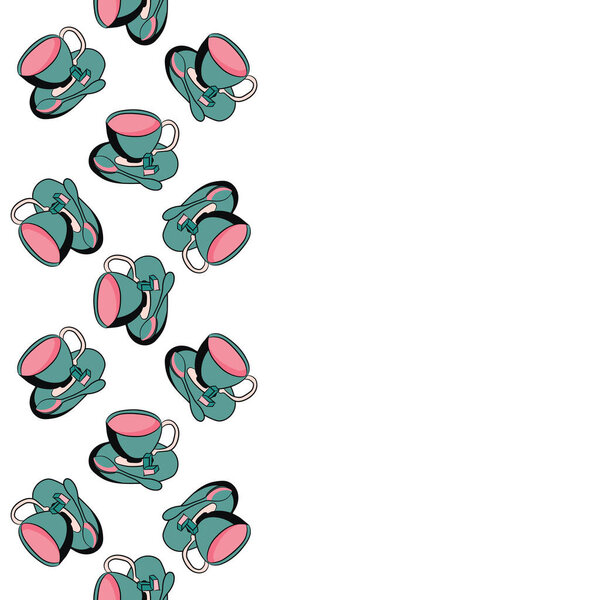 Card with tea pattern. Cup of tea on a saucer with a teaspoon and sugar slices. Cute background. 