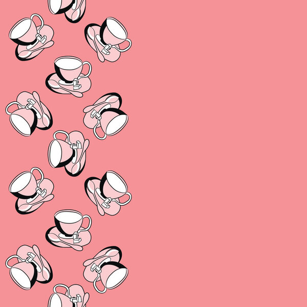 Card with tea pattern. Cup of tea on a saucer with a teaspoon and sugar slices. Cute background.