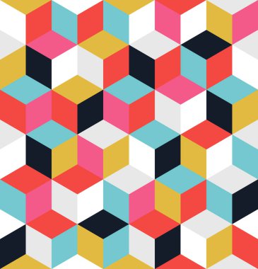 Renkli küplerin kusursuz deseni. Sonsuz renkli kübik arkaplan. Kübik arka plan. Küp dekorasyonlu, soyut, pürüzsüz bir arkaplan. Vektör illüstrasyonu.