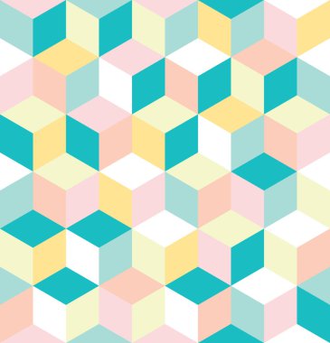 Renkli küplerin kusursuz deseni. Sonsuz renkli kübik arkaplan. Kübik arka plan. Küp dekorasyonlu, soyut, pürüzsüz bir arkaplan. Vektör illüstrasyonu.