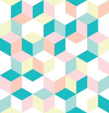 Renkli küplerin kusursuz deseni. Sonsuz renkli kübik arkaplan. Kübik arka plan. Küp dekorasyonlu, soyut, pürüzsüz bir arkaplan. Vektör illüstrasyonu.