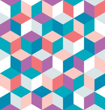 Renkli küplerin kusursuz deseni. Sonsuz renkli kübik arkaplan. Kübik arka plan. Küp dekorasyonlu, soyut, pürüzsüz bir arkaplan. Vektör illüstrasyonu.