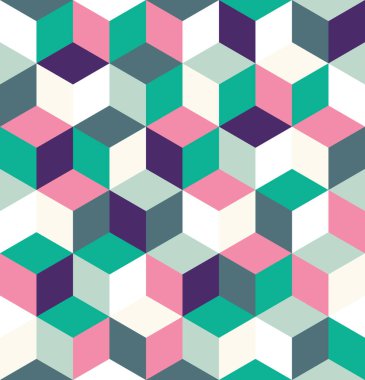 Renkli küplerin kusursuz deseni. Sonsuz renkli kübik arkaplan. Kübik arka plan. Küp dekorasyonlu, soyut, pürüzsüz bir arkaplan. Vektör illüstrasyonu.