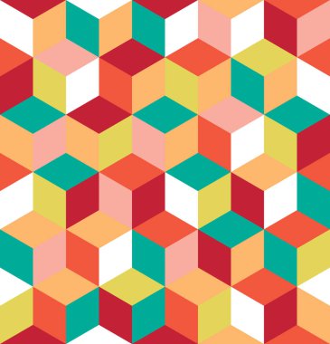 Renkli küplerin kusursuz deseni. Sonsuz renkli kübik arkaplan. Kübik arka plan. Küp dekorasyonlu, soyut, pürüzsüz bir arkaplan. Vektör illüstrasyonu.