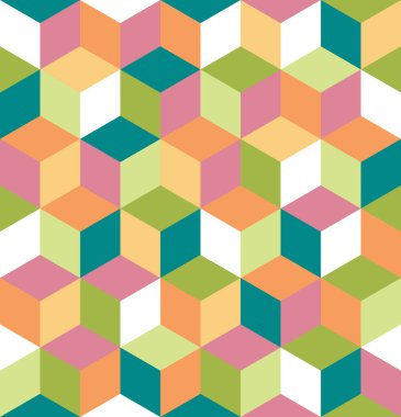 Renkli küplerin kusursuz deseni. Sonsuz renkli kübik arkaplan. Kübik arka plan. Küp dekorasyonlu, soyut, pürüzsüz bir arkaplan. Vektör illüstrasyonu.