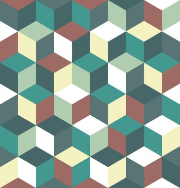 Renkli küplerin kusursuz deseni. Sonsuz renkli kübik arkaplan. Küp şeklinde. Küp vektörü. Küp arkaplan. Küp dekorasyonlu soyut ve pürüzsüz arkaplan