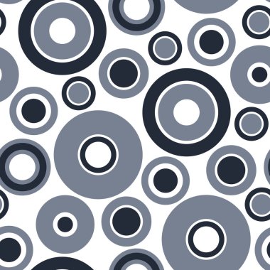 Rastgele çemberlerin ve halkaların yuvarlak ve kusursuz deseni. Noktalı, pürüzsüz arka plan, desen, süs. Vektör illüstrasyonu.