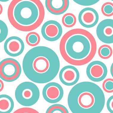 Rastgele çemberlerin ve halkaların yuvarlak ve kusursuz deseni. Noktalı, pürüzsüz arka plan, desen, süs. Vektör illüstrasyonu.