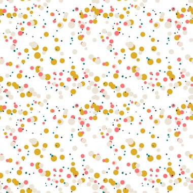 Renkli yuvarlak boya sıçramalarıyla şenlikli, pürüzsüz bir desen. Beyaz arka planda dağınık daireler. Noktalı doku. Kaotik grunge noktası. Geometrik ambalaj kağıdı. Vektör illüstrasyonu.