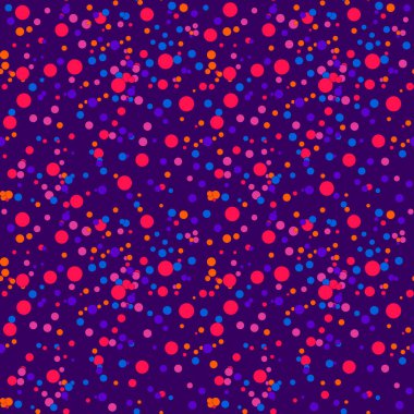 Lacivert arka planda renkli, dağınık noktalar. Yuvarlak şekilli, şenlikli geometrik, pürüzsüz desen. Daire. Ambalaj kağıdı ve ağ için noktalı doku. Vektör illüstrasyonu.