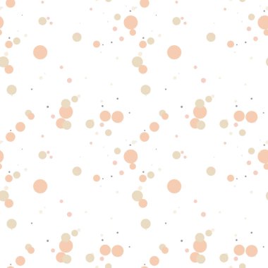 Renkli yuvarlak boya sıçramalarıyla şenlikli, pürüzsüz bir desen. Beyaz arka planda dağınık daireler. Noktalı doku. Kaotik grunge noktası. Geometrik ambalaj kağıdı. Vektör illüstrasyonu.