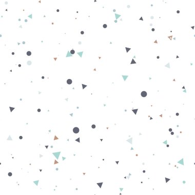 Renkli mavi, gri, altın rengi kaotik küçük daireler ve üçgenlerle soyut, pürüzsüz desen. Sonsuz geometrik desen. Vektör illüstrasyonu. 