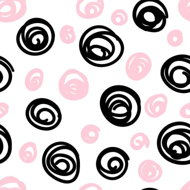 Karalama çemberleri ve noktalarla süslü, kusursuz desen. Dağınık noktalı doku. Geometrik ambalaj kağıdı. Vektör illüstrasyonu. 