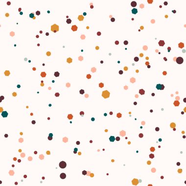 Renkli, soyut, dağınık, geometrik şekilli, dikişsiz desen. Daireler, altı açı, noktalar. Vektör illüstrasyonu.