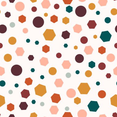 Renkli, soyut, dağınık, geometrik şekilli, dikişsiz desen. Daireler, altı açı, noktalar. Vektör illüstrasyonu.