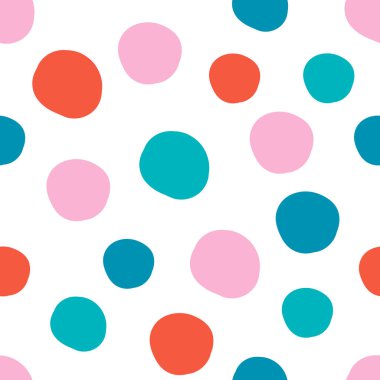 Düz olmayan dairelerle geometrik arkaplan. Soyut yuvarlak, pürüzsüz desen. Beyaz arka planda elle çizilmiş renkli noktalar. Vektör illüstrasyonu.