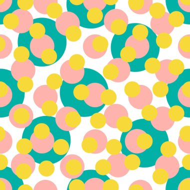 Rastgele parlak renkli daireler ve noktalar ile soyut ve pürüzsüz desenler. Küçük daireleri olan soyut bir arka plan. Vektör illüstrasyonu.