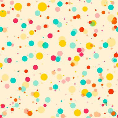 Bej arka planda renkli, dağınık noktalar. Yuvarlak şekilli, şenlikli, pürüzsüz desen. Ambalaj kağıdı ve ağ için grunge noktalı doku. Vektör illüstrasyonu.