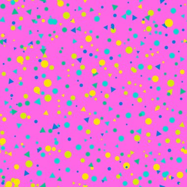 Pembe arka planda rengarenk noktalar. Yuvarlak şekilli, şenlikli, pürüzsüz desen. Ambalaj kağıdı ve ağ için 80-90 arası eski nokta dokusu. Vektör illüstrasyonu.