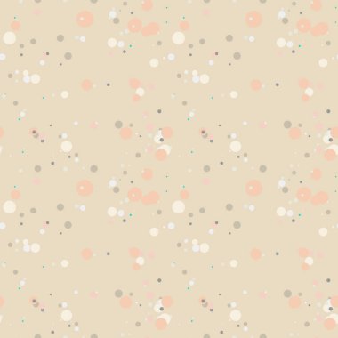 Bej arka planda pastel dağınık noktalar. Ecru şenlikli, yuvarlak şekilli, pürüzsüz desen. Ambalaj kağıdı ve ağ için grunge noktalı doku. Vektör illüstrasyonu.