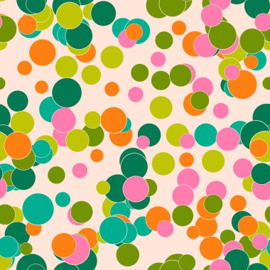 Bej arka planda renkli, dağınık noktalar. Yuvarlak şekilli, şenlikli, pürüzsüz desen. Ambalaj kağıdı ve ağ için grunge noktalı doku. Vektör illüstrasyonu.