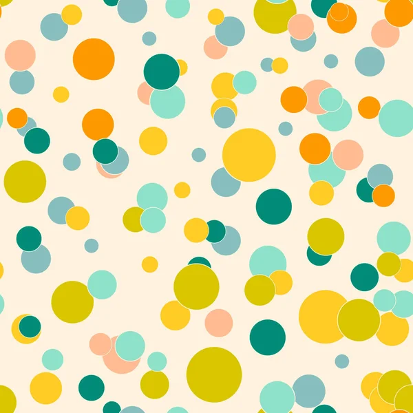 Bej arka planda renkli, dağınık noktalar. Yuvarlak şekilli, şenlikli, pürüzsüz desen. Ambalaj kağıdı ve ağ için grunge noktalı doku. Vektör illüstrasyonu.