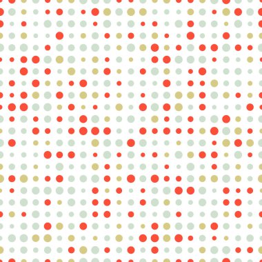 Renkli, soyut, noktasız desen. Beyaz üzerine nokta. Yuvarlak şekilli, noktalı arkaplan. Nokta dokusu. Puantiyeli arka plan. Vektör illüstrasyonu.