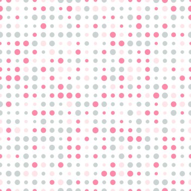 Renkli, soyut, noktasız desen. Beyaz üzerine nokta. Yuvarlak şekilli, noktalı arkaplan. Nokta dokusu. Puantiyeli arka plan. Vektör illüstrasyonu.