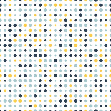 Renkli, soyut, noktasız desen. Beyaz üzerine nokta. Yuvarlak şekilli, noktalı arkaplan. Nokta dokusu. Puantiyeli arka plan. Vektör illüstrasyonu.