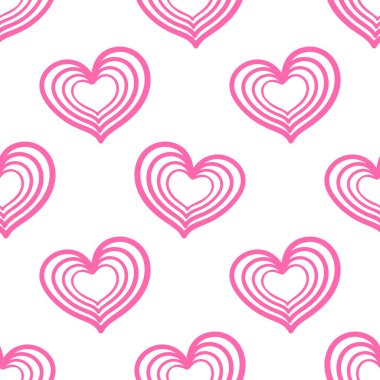Çizgi filmdeki sevimli kalp hatları kusursuz. Romantik sevgililer günü polka arka planı. Ambalaj kağıdına bayılırım. Vektör illüstrasyonu.  
