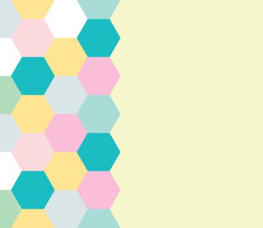 Bal peteği, seks açısı, altıgen, zigzag, eşkenar dörtgen, geometrik şekillerin çizgi deseni ve boş uzay. Renkli mozaik desenli broşür. Vektör illüstrasyonu.