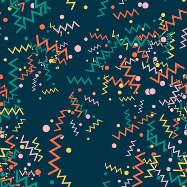Zigzag çizgileri ve noktaları olan soyut geometrik dikişsiz desen. Vektör illüstrasyonu