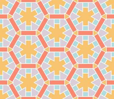 Soyut geometrik dikişsiz desen. Süslü geometrik arka plan. Mozaik, kuyruk. Paket kağıdı. Vektör illüstrasyonu.          